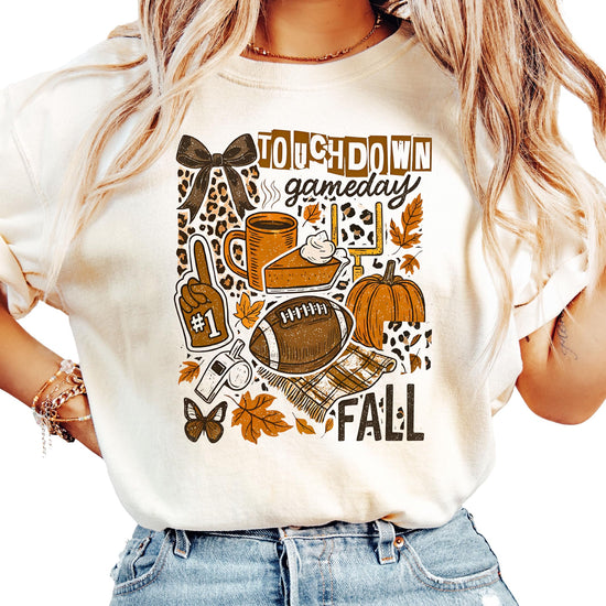 Women's fall football shirt featuring cute pumpkin and gameday graphics in autumn colors