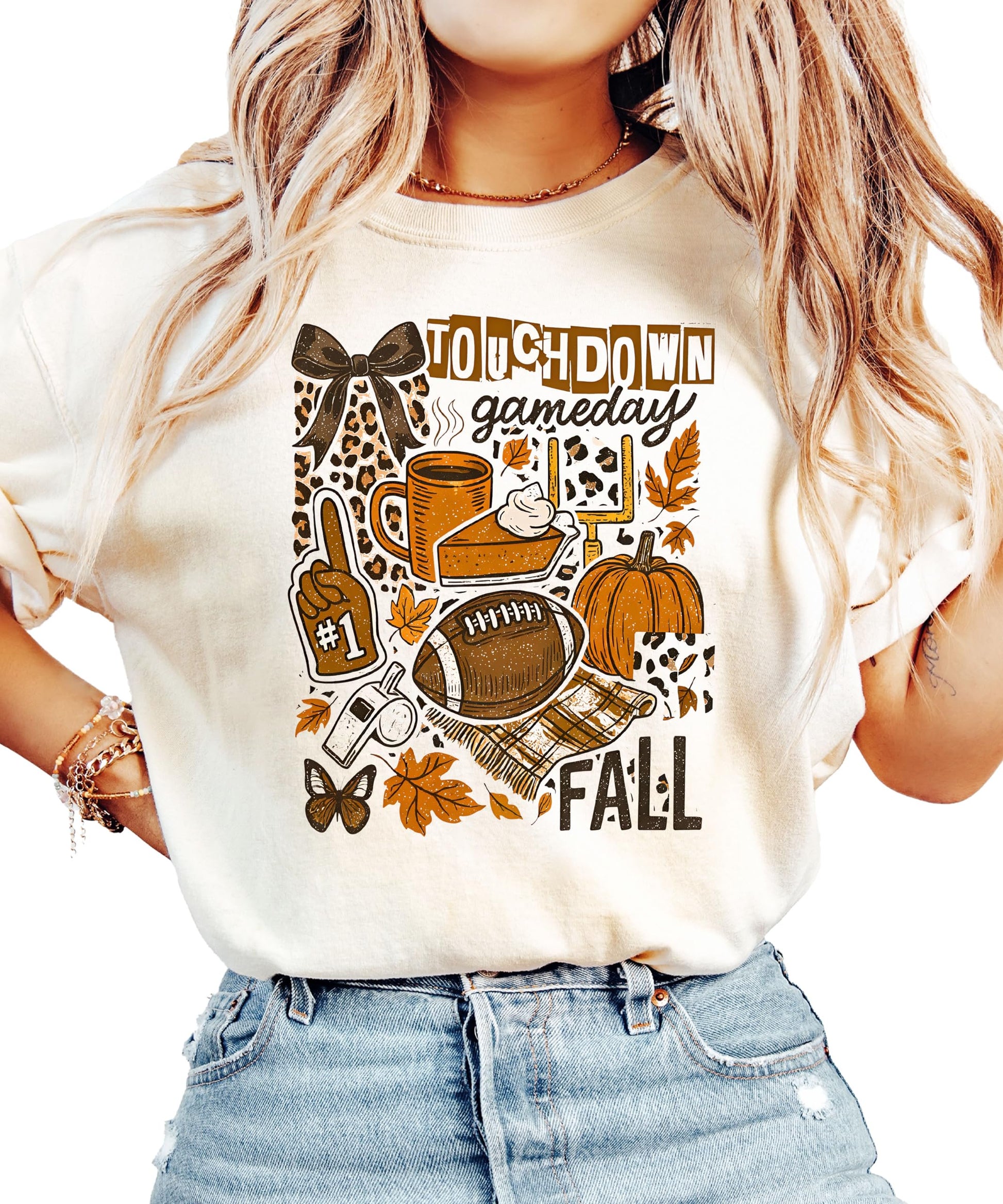 Women's fall football shirt featuring cute pumpkin and gameday graphics in autumn colors