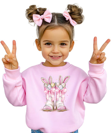 Olive Loves Apple Bunny Ears & Pink Boots Sweatshirt for Youth and Toddler Girls Western Easter Pullover
