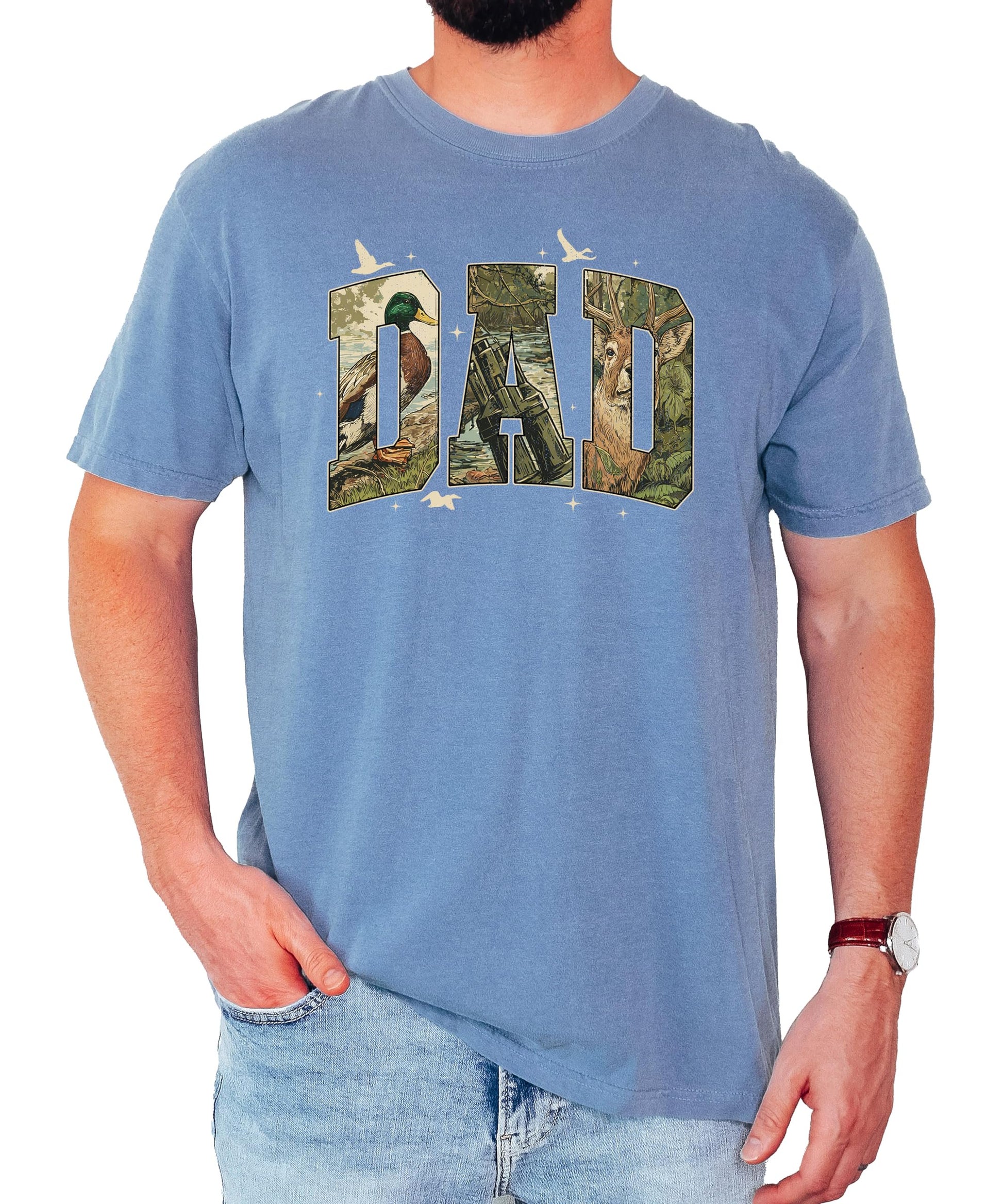 Close-up of retro camo DAD hunting tee print showing duck and deer hunting scene