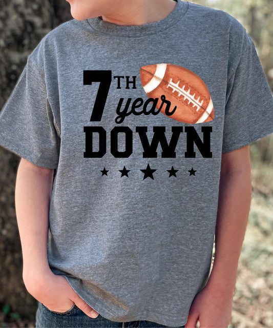 7th Year Down Football Shirt for 7 Year Old Sports Theme Seventh Birthday Party Tee