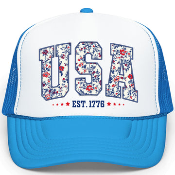 USA 1776 Faux Embroidery Floral Trucker Hat for Women Foam Front Classic 5 Panel Foam Front Trucker