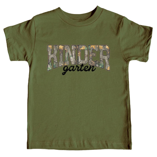 Kids camo Kindergarten graphic tee with woodland leaf print lettering on natural cotton shirt