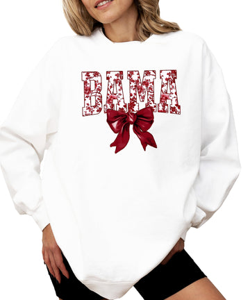 Bama Sweatshirt with Crimson Coquette Bow Alabama School Pride Red Floral Sweater