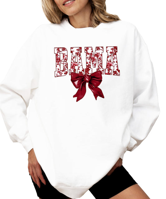 Bama Sweatshirt with Crimson Coquette Bow Alabama School Pride Red Floral Sweater