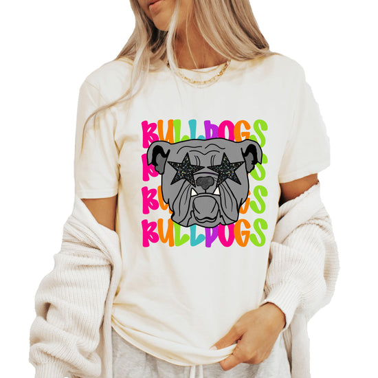 Front view of black Bulldogs game day shirt with vibrant mascot print