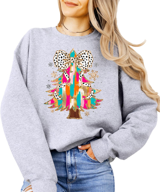 Colorful Christmas Tree with Dalmatian Print Bow Topper Sweatshirt for Women Teens and Girls