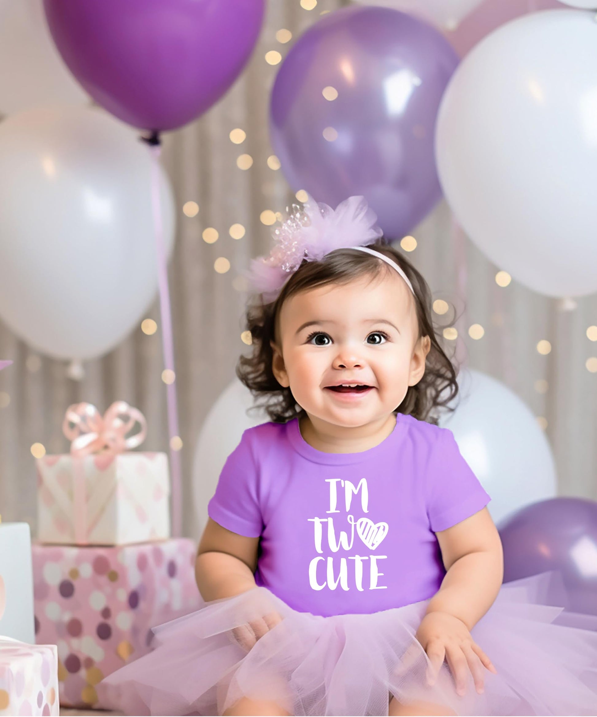 Flat lay of mauve toddler birthday shirt with I'm Two Cute white print design