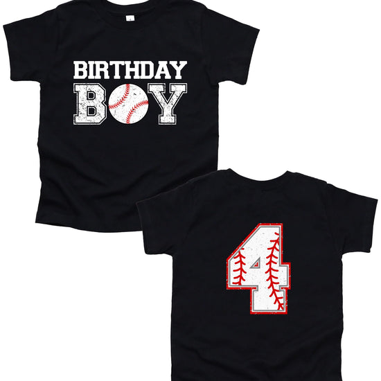 Flat lay of boys black baseball birthday tee with bold graphic print and age number