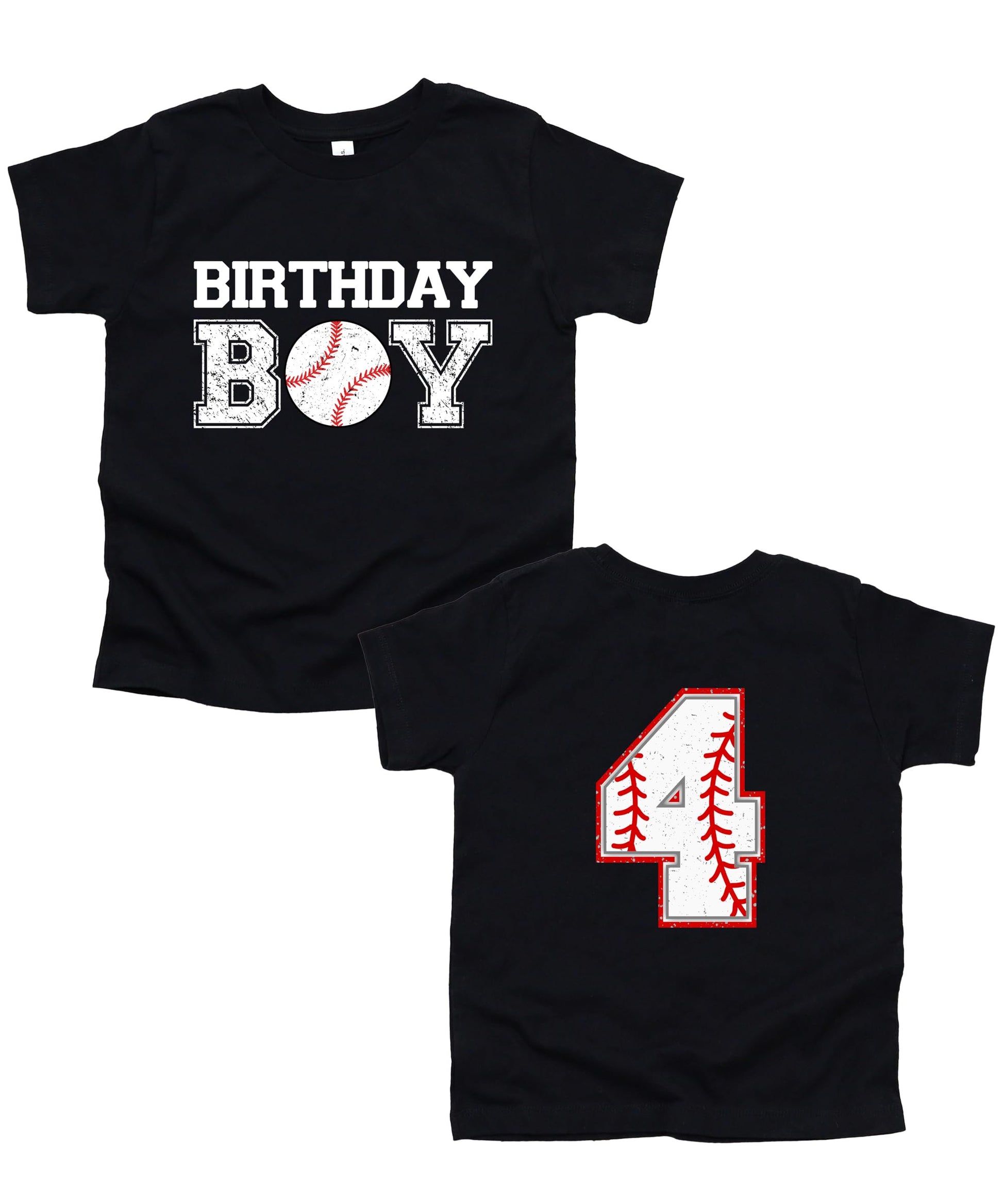 Flat lay of boys black baseball birthday tee with bold graphic print and age number