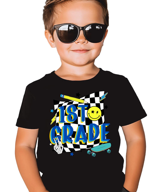 Front view of retro skateboard first day of school shirt for boys in youth sizing