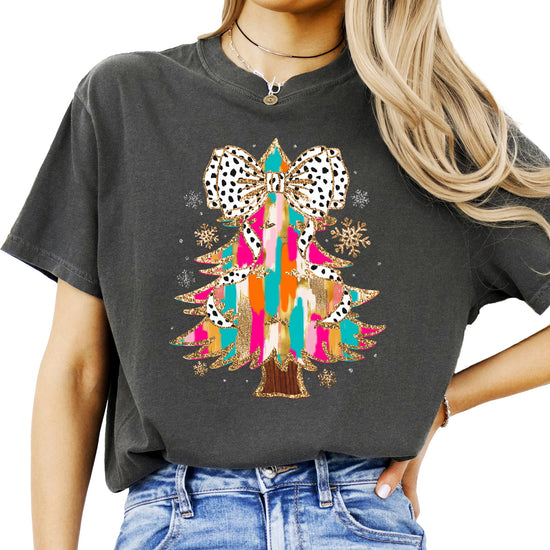 Front view of seafoam Christmas tree coquette bow graphic tee for women and teens