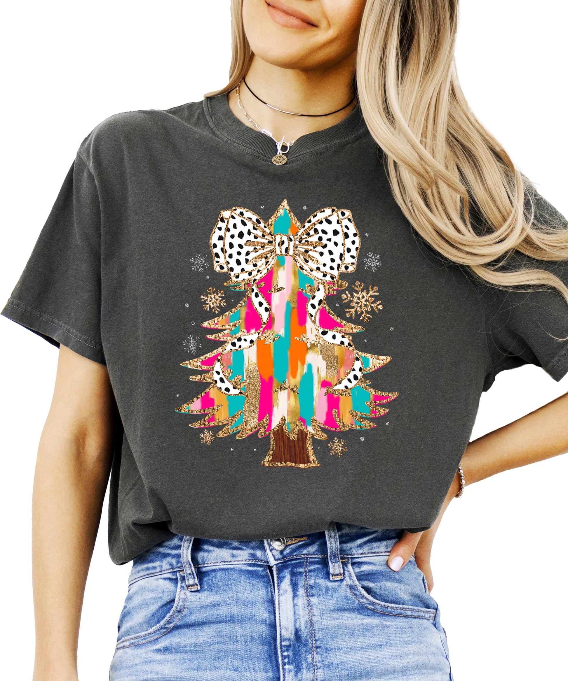 Front view of seafoam Christmas tree coquette bow graphic tee for women and teens