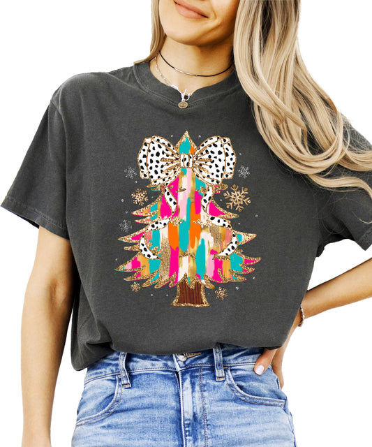 Front view of seafoam Christmas tree coquette bow graphic tee for women and teens