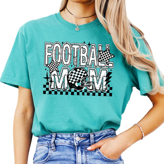 Front view of Football Mom graphic tee featuring checkered helmet and star print