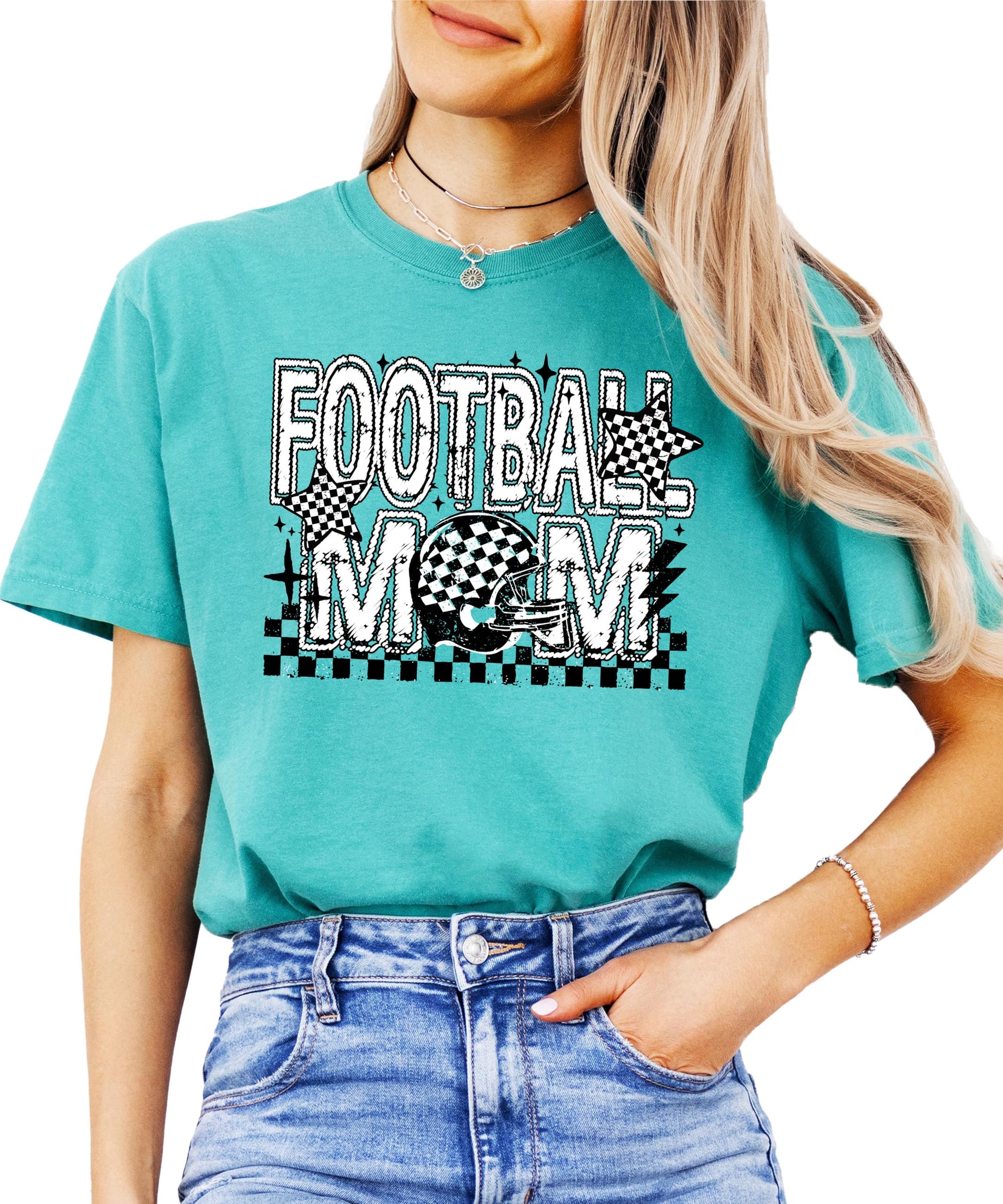 Front view of Football Mom graphic tee featuring checkered helmet and star print