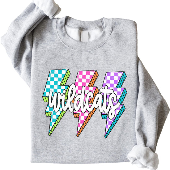 Flat lay of gray wildcats sweatshirt displaying full lightning bolt graphic design