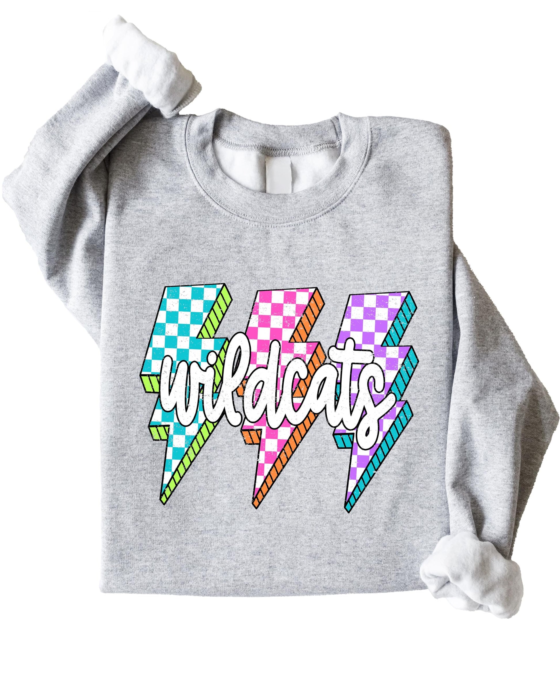Flat lay of gray wildcats sweatshirt displaying full lightning bolt graphic design