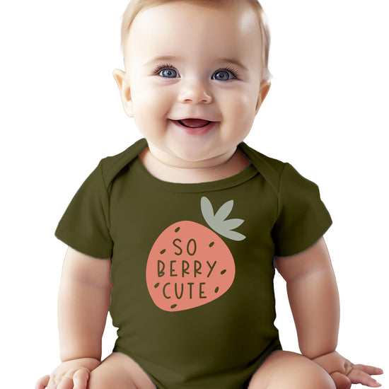 Close-up of So Berry Cute strawberry print on military green infant onesie