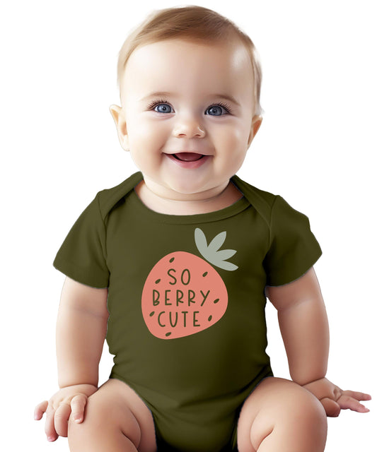 Close-up of So Berry Cute strawberry print on military green infant onesie