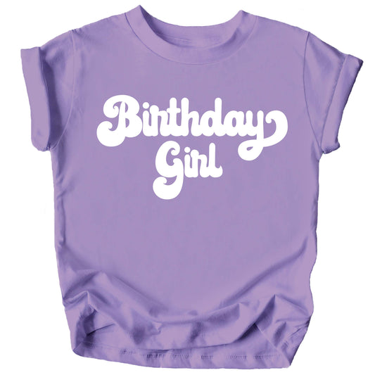 Retro colorful birthday girl graphic tee for toddler girls in purple