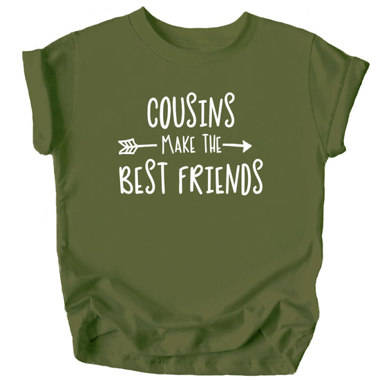 Close-up of cousin shirt design and text detail on mauve background