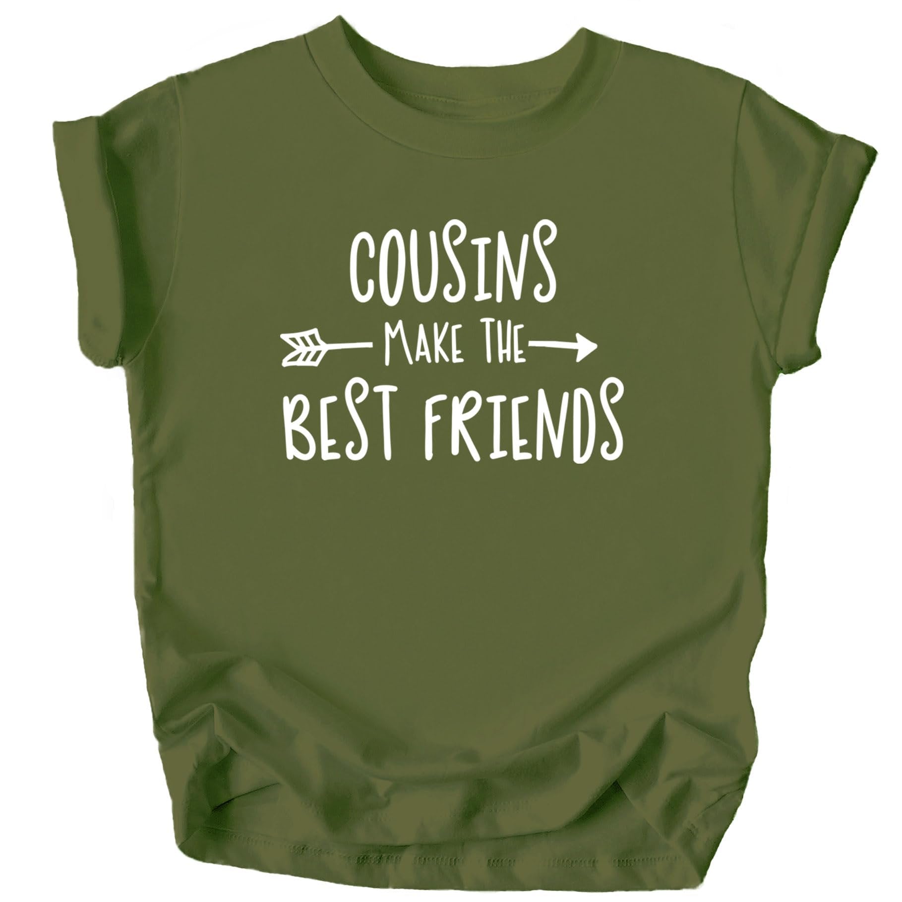 Close-up of cousin shirt design and text detail on mauve background