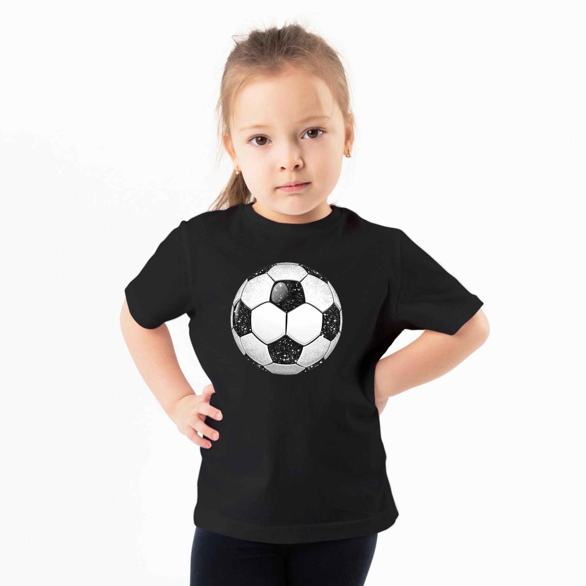 Toddler girl wearing black faux glitter soccer ball shirt casual front view