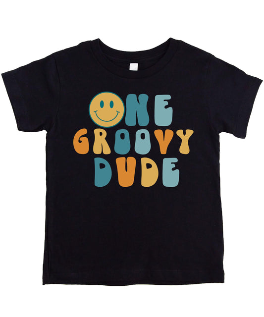 Black infant shirt with groovy retro 'One' graphic design for baby boy's first birthday