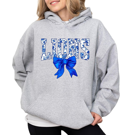 Olive Loves Apple Lions Blue Floral Coquette Bow Hoodie for Women & Teens Trendy School Spirit Game Day Sweatshirt