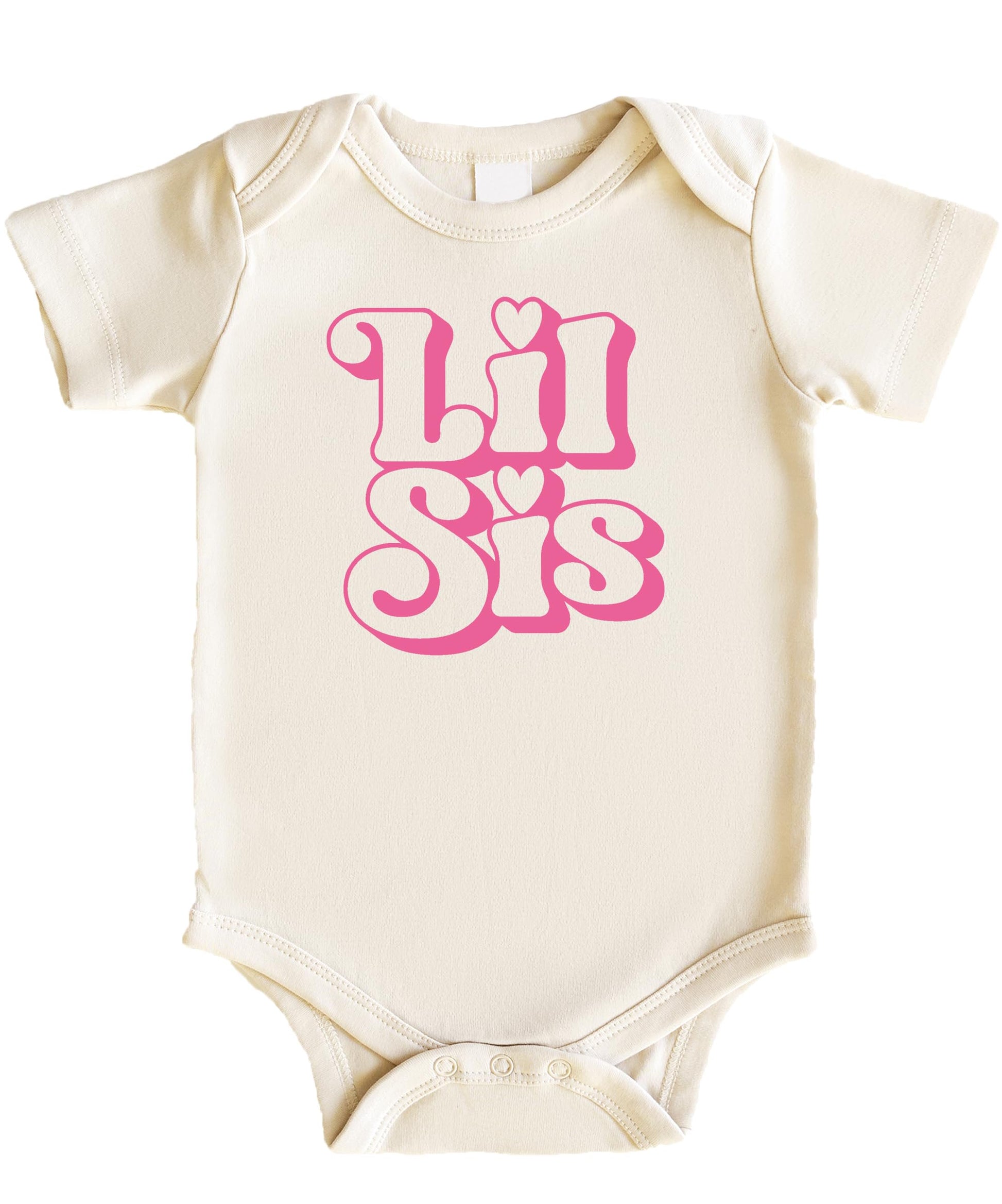 Close-up of retro pink Little Sister graphic print on natural baby girl one-piece bodysuit