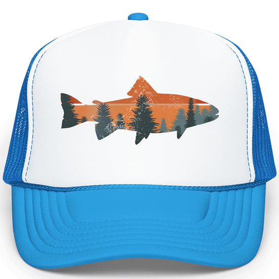 Trout fishing sunset trucker hat front view - white and neon blue foam front snapback