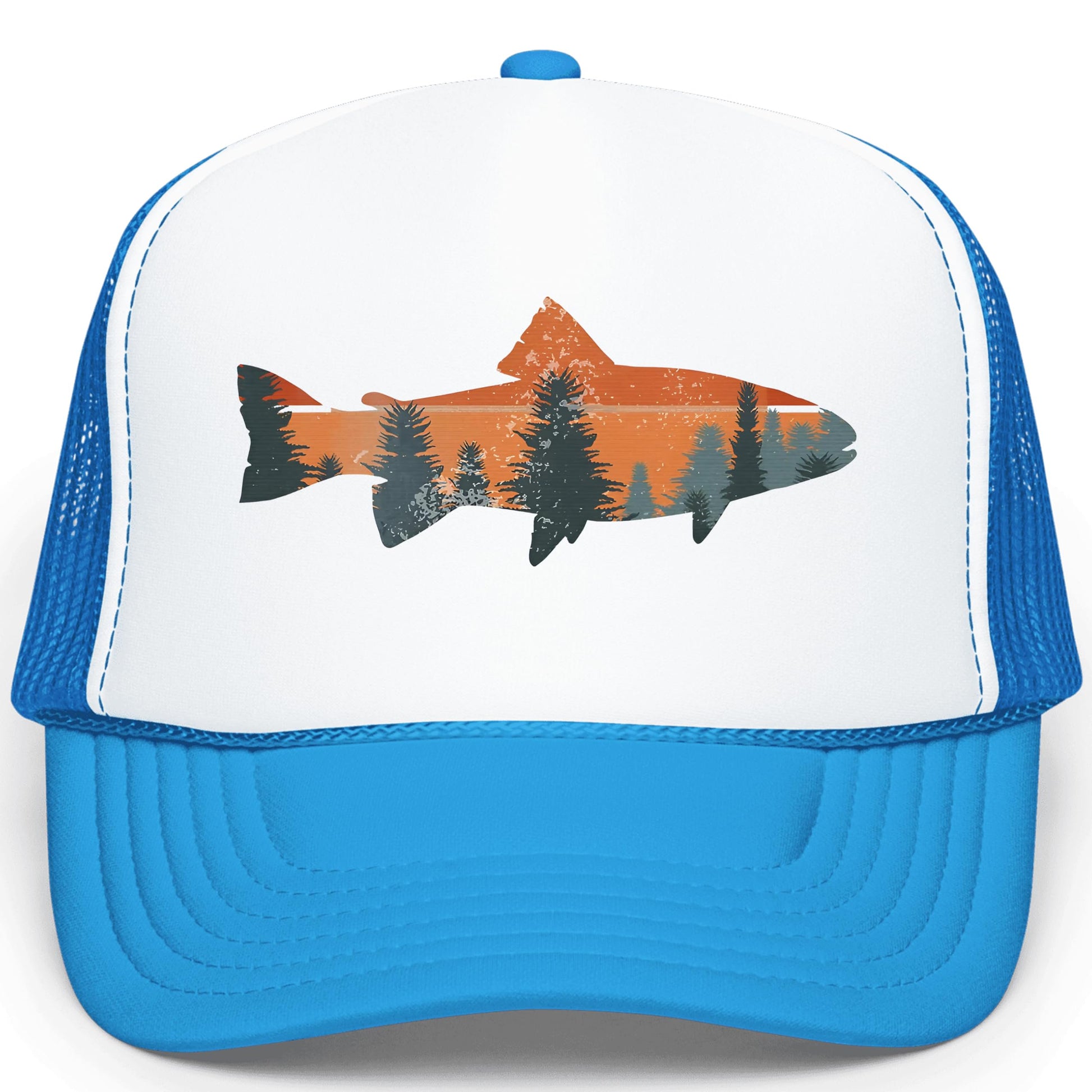 Trout fishing sunset trucker hat front view - white and neon blue foam front snapback