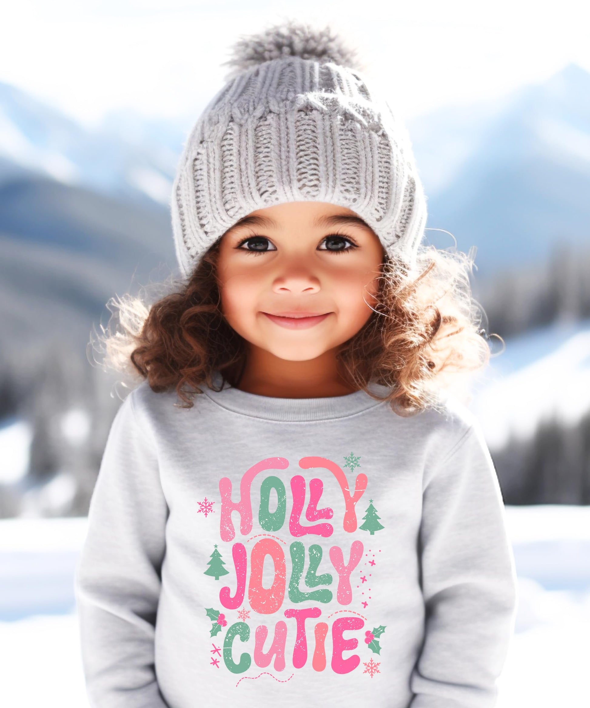 Detail shot of Holly Jolly Cutie Christmas sweatshirt print showing pink and green bubble lettering