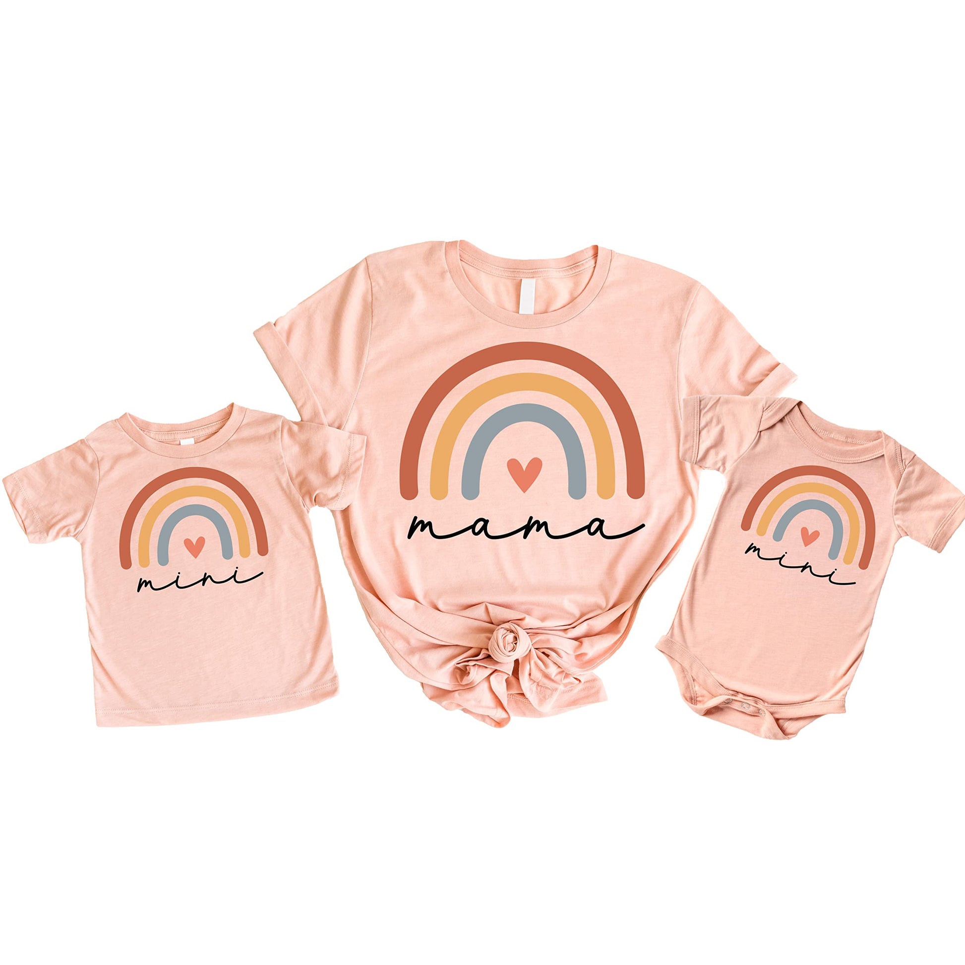 Adult women's peach rainbow heart cursive matching shirt from Olive Loves Apple mommy and me collection