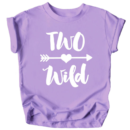 Close-up of Two Wild second birthday graphic print on mauve toddler tee