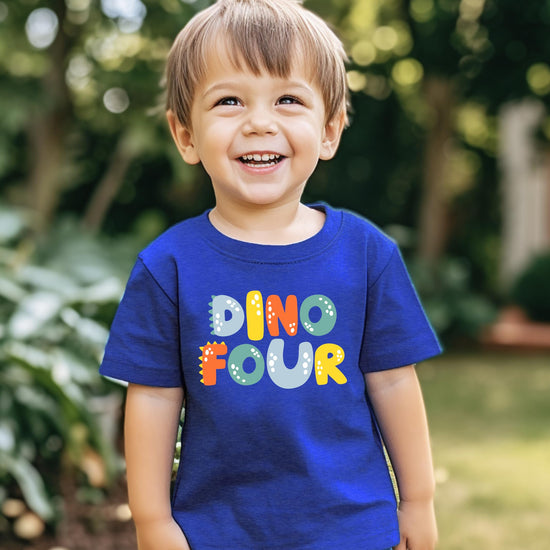 Back view of Dino Four kids' birthday shirt in royal blue