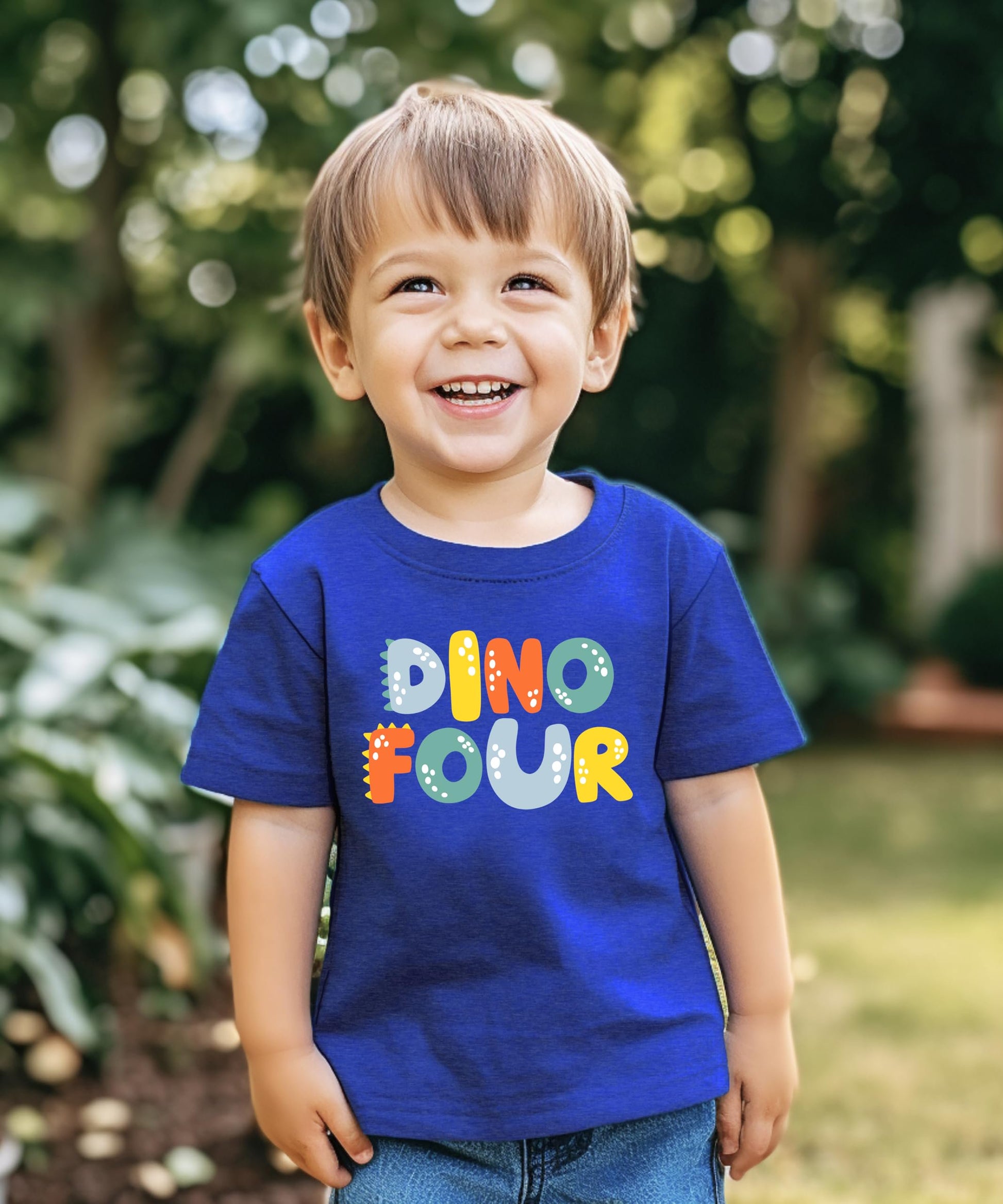 Back view of Dino Four kids' birthday shirt in royal blue