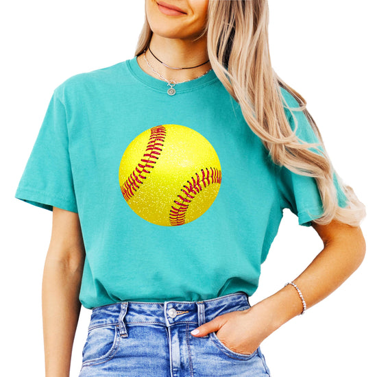 Women's girly game day softball shirt in ivory with bold yellow glitter-style graphic