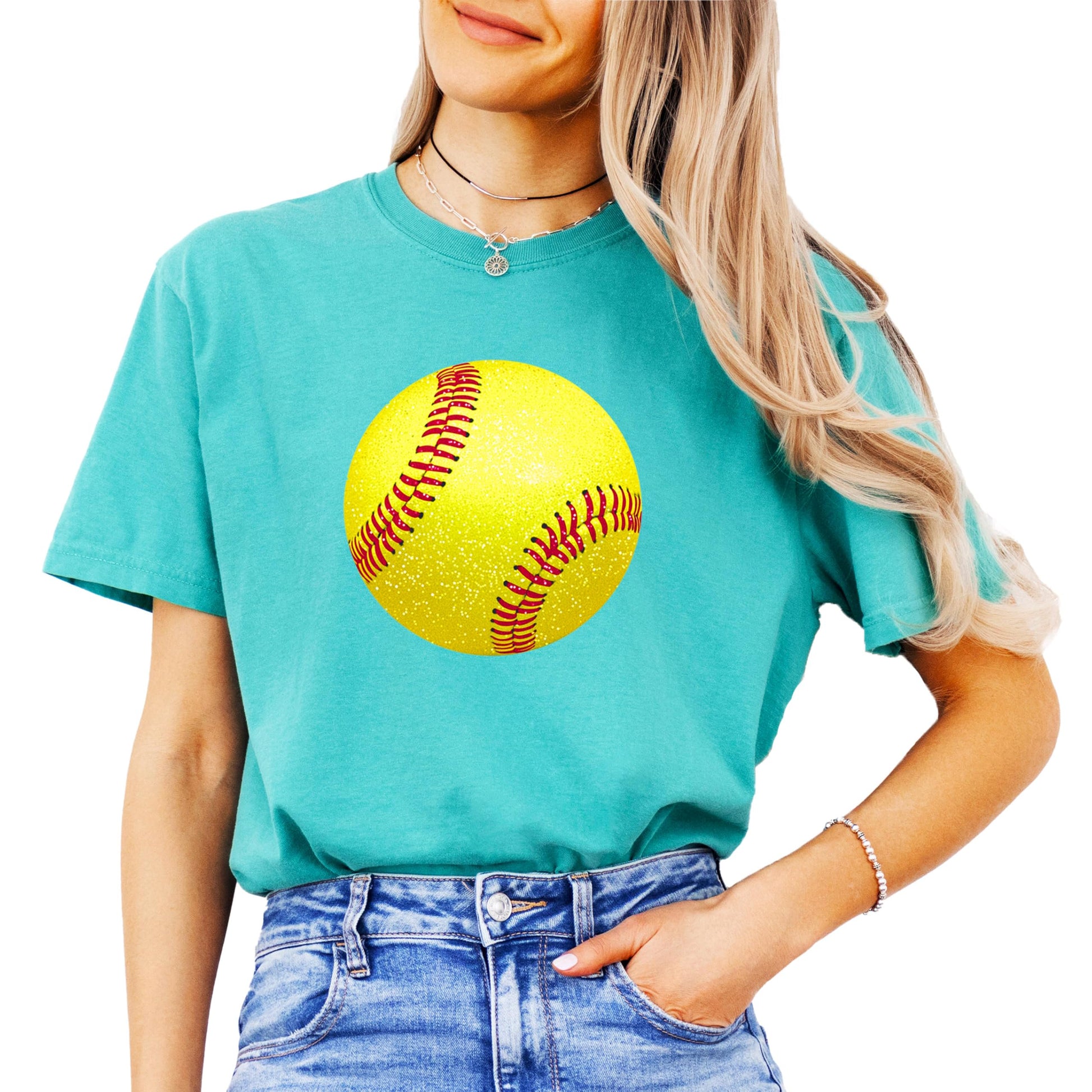 Women's girly game day softball shirt in ivory with bold yellow glitter-style graphic