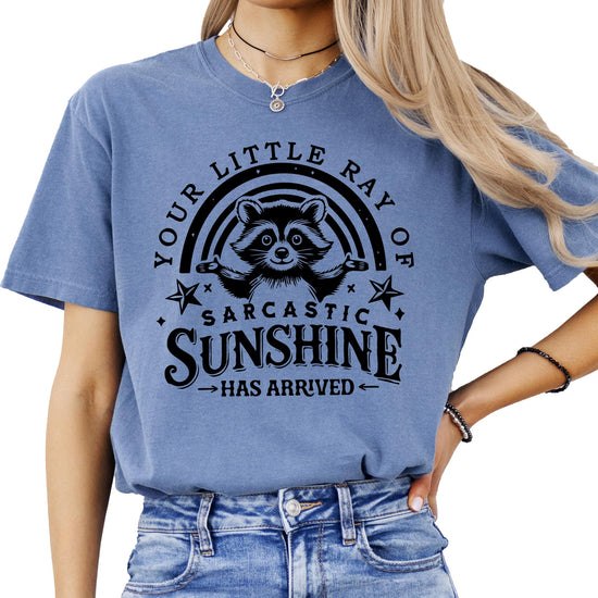 Ivory colored women's t-shirt with funny raccoon graphic and sarcastic sunshine text design