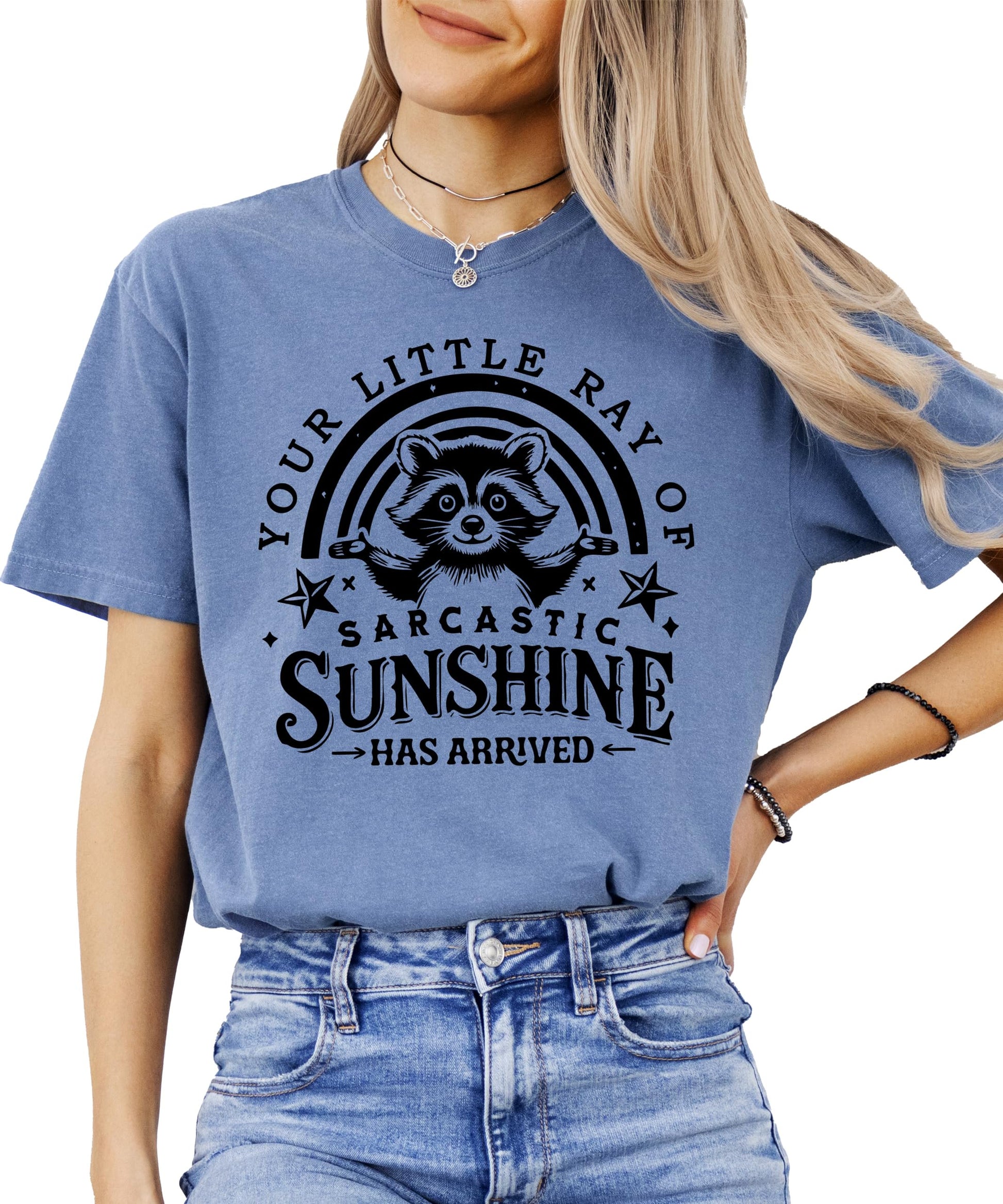 Ivory colored women's t-shirt with funny raccoon graphic and sarcastic sunshine text design