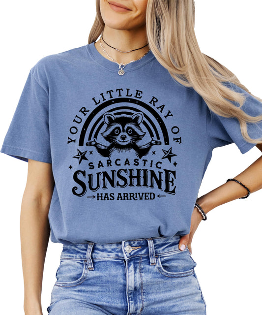 Ivory colored women's t-shirt with funny raccoon graphic and sarcastic sunshine text design