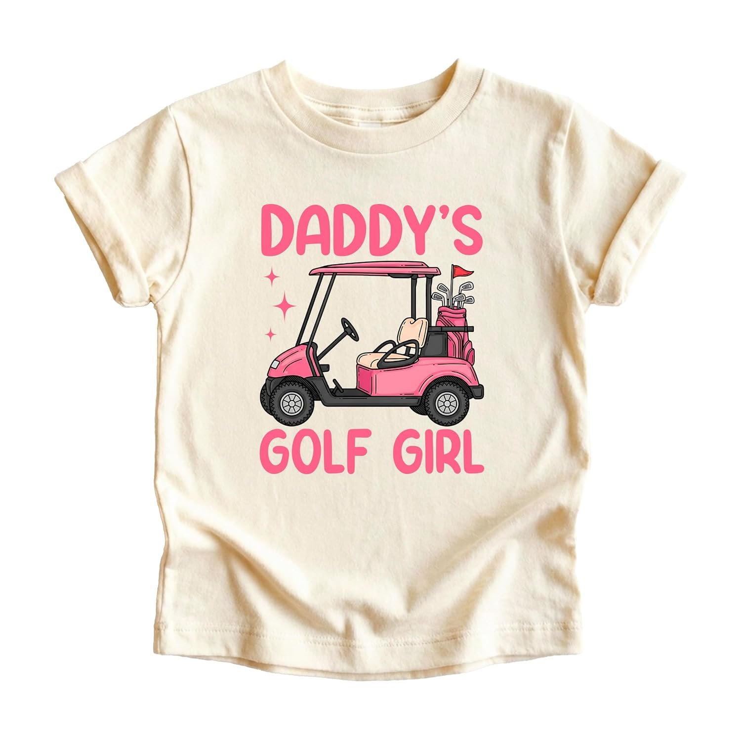 Toddler girl wearing Daddy's Golf Girl pink golf cart graphic tee by Olive Loves Apple