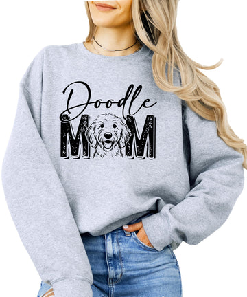 Close-up of Doodle Mom graphic print on gray sweatshirt showing print detail and quality