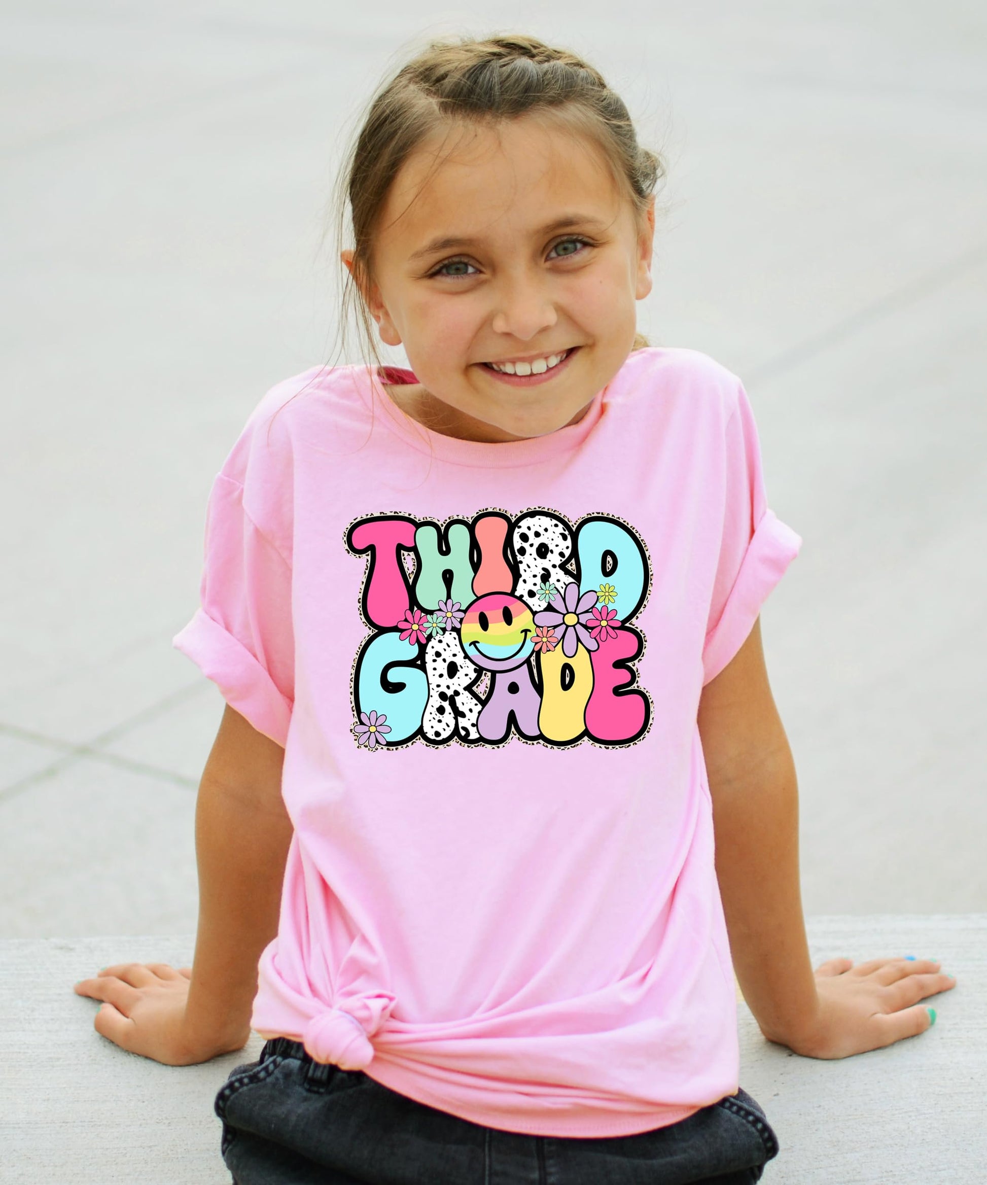 Youth girl wearing retro Third Grade natural tee, perfect first day of school outfit
