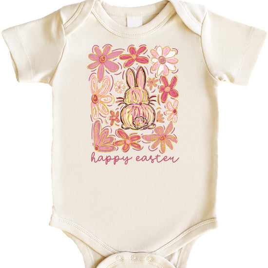 Baby girl wearing a natural boho Easter bodysuit with hand-drawn bunny and floral design