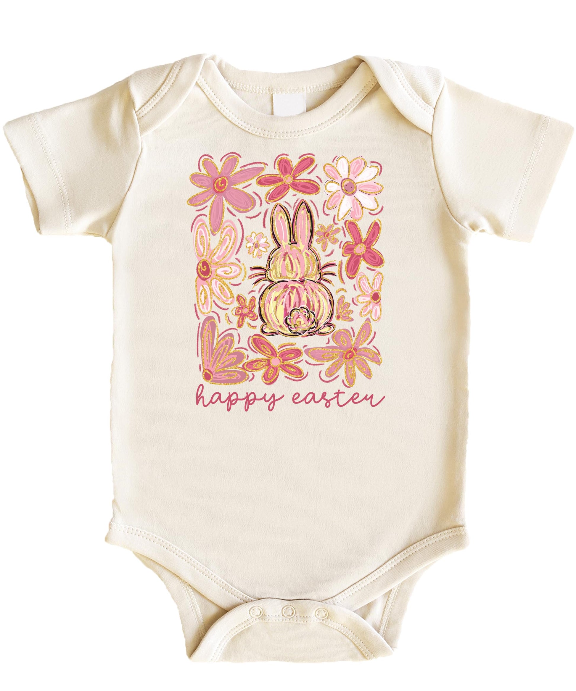 Baby girl wearing a natural boho Easter bodysuit with hand-drawn bunny and floral design
