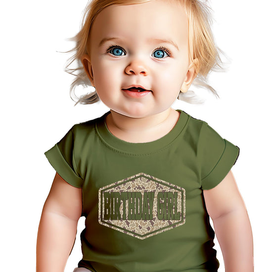 Natural birthday girl shirt with camo badge graphic design, front view