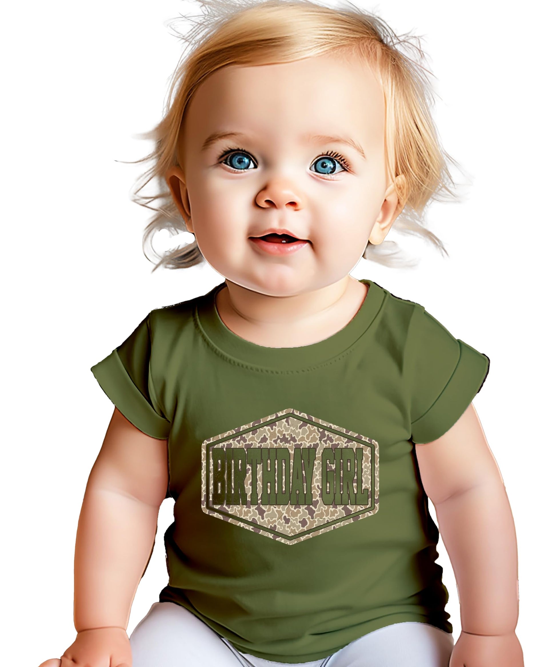 Natural birthday girl shirt with camo badge graphic design, front view